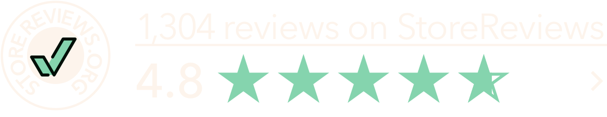 StoreReviews badge showing a store with 4.8 stars from 1304 reviews